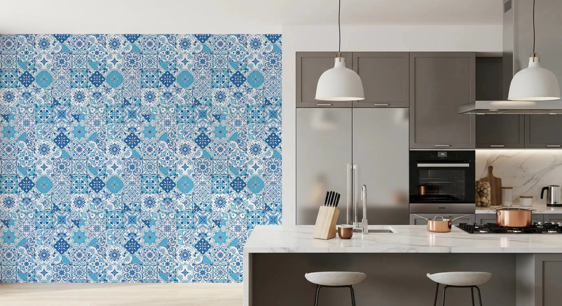 Azulejo Tiles 2 wallpaper showing classic Mediterranean blue ceramic motifs