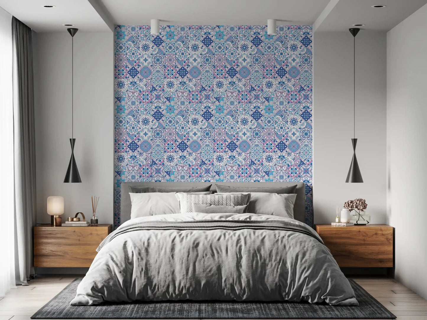 Bedroom design using Mediterranean Hues Azulejo Tiles wallpaper mosaic
