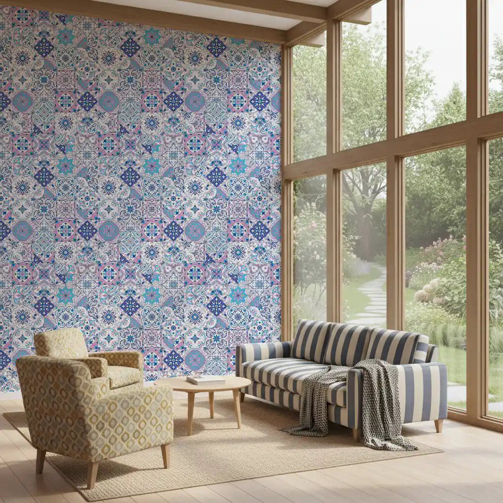 Blue tile wallpaper featuring Mediterranean Hues Azulejo Tiles pattern