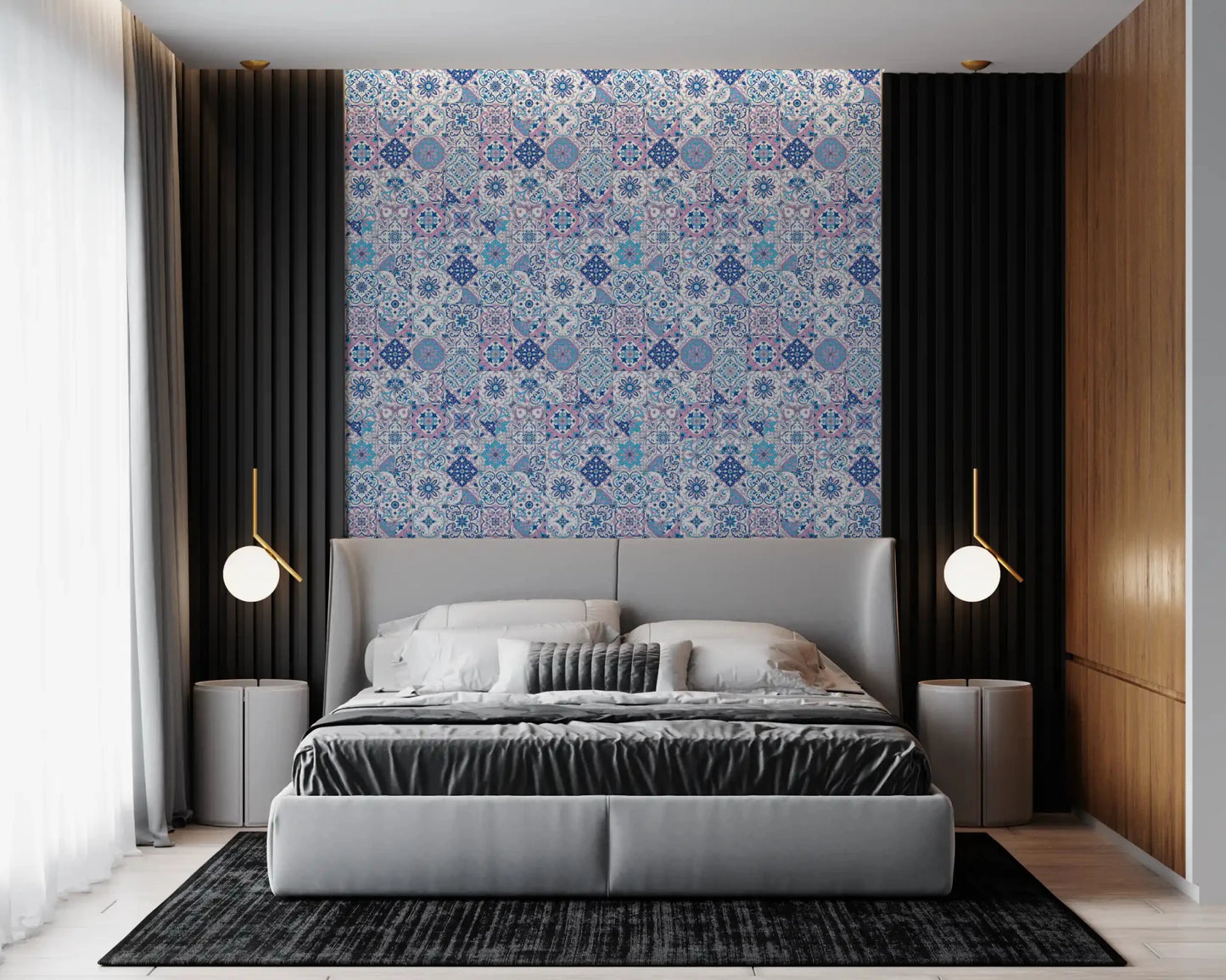 Bed room setup featuring Mediterranean Hues Azulejo Tiles wallpaper