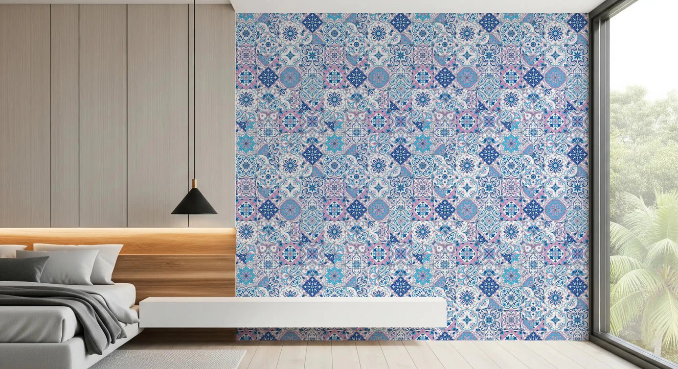 Mediterranean Hues Azulejo Tiles wallpaper with floral tile design