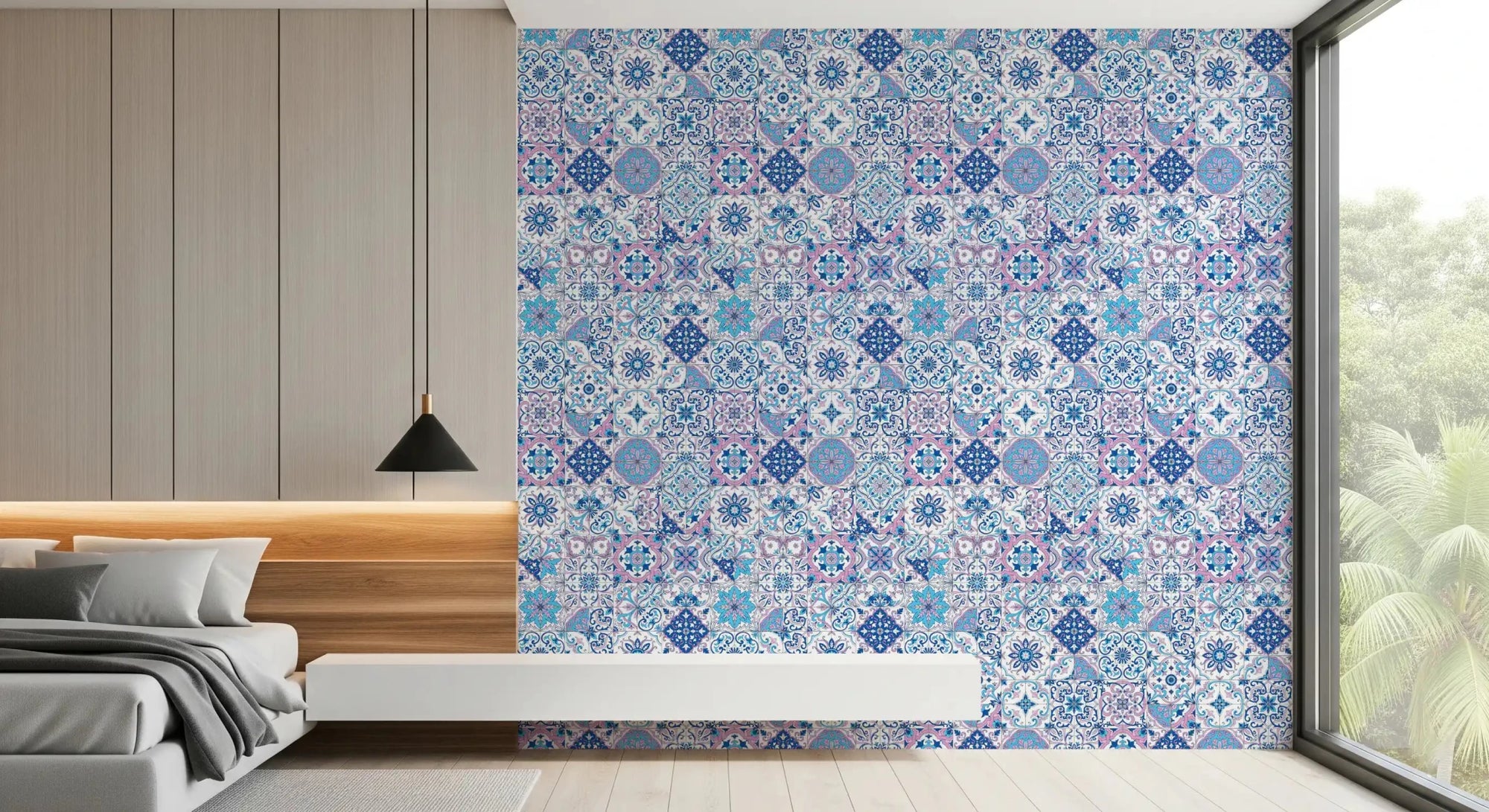 Mediterranean Hues Azulejo Tiles wallpaper with floral tile design, GD9238