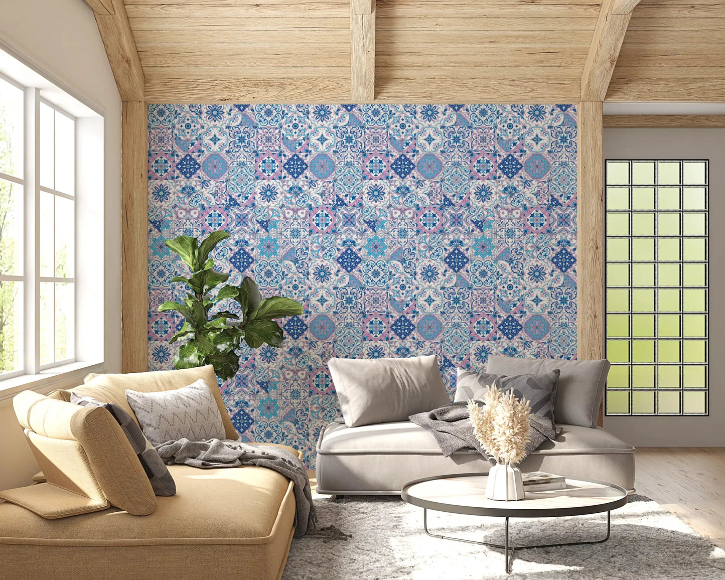 Azulejo tile pattern wallpaper featuring Mediterranean Hues mosaic style