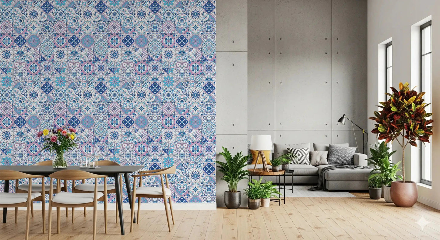 Mediterranean Hues Azulejo Tiles wallpaper with blue pink tile motifs