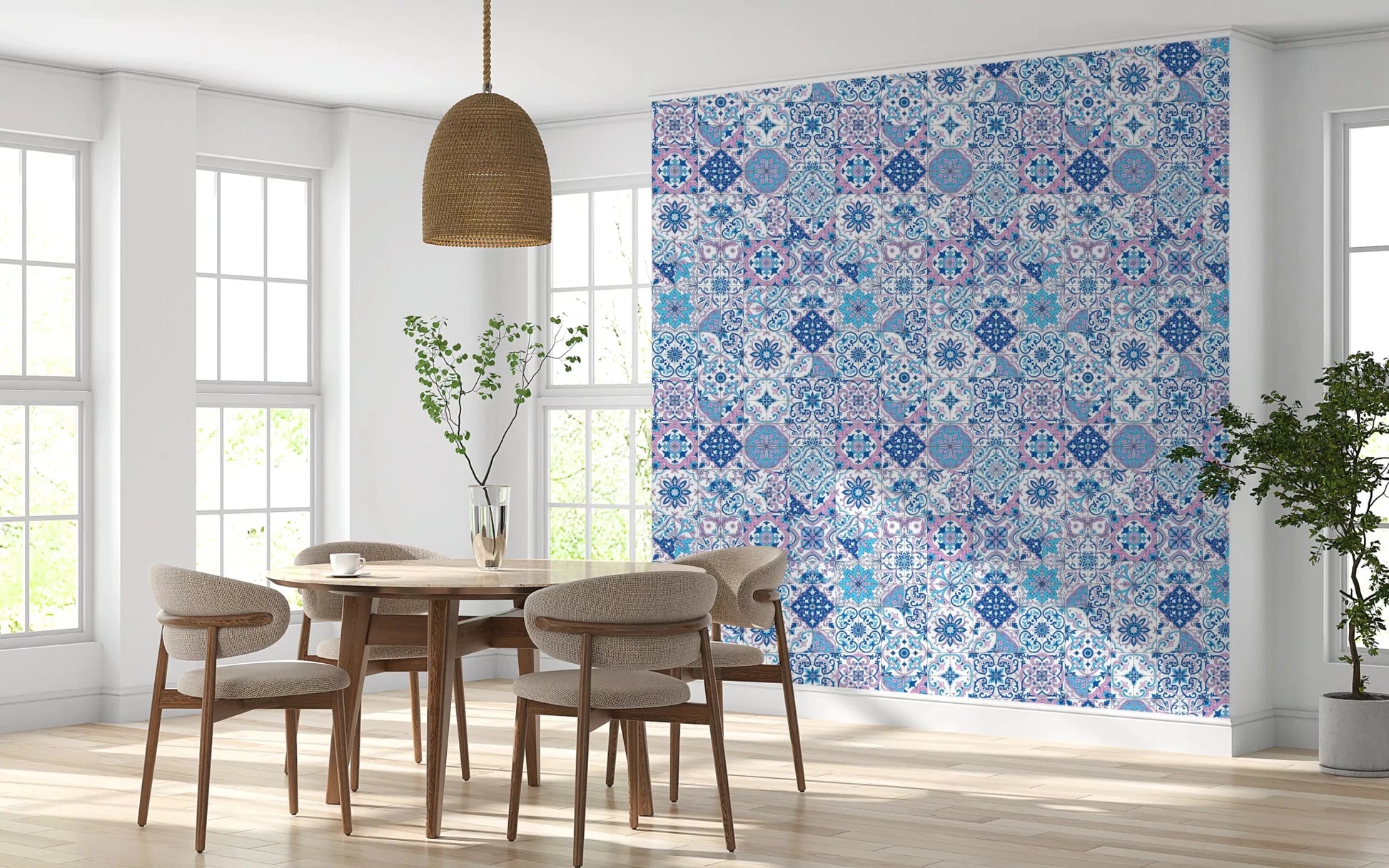 Dining room styled with Mediterranean Hues Azulejo Tiles wallpaper pattern