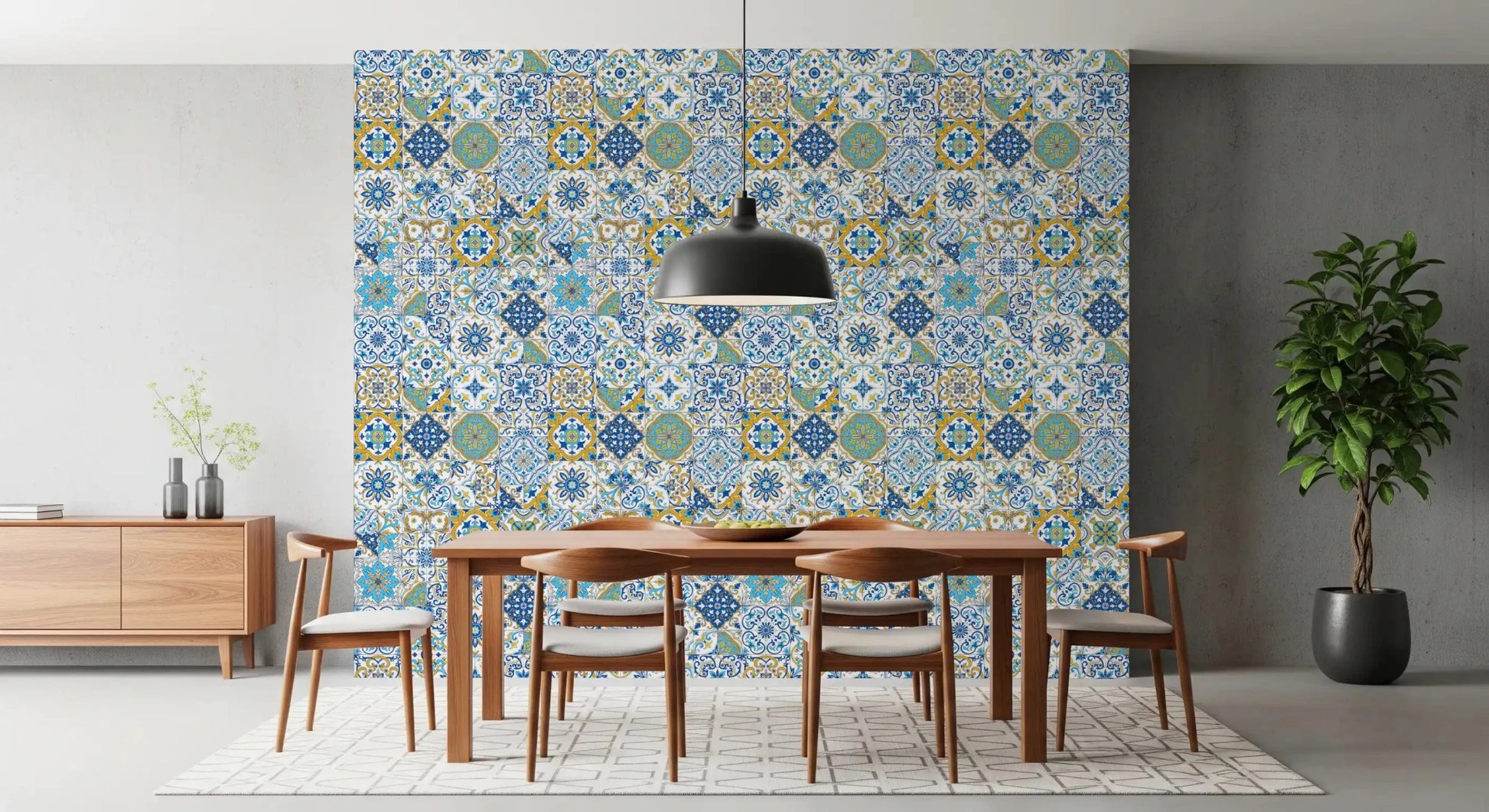 Blue and yellow ornamental tiles create structured Azulejo Tiles wallpaper look, GD9236