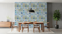 Blue and yellow ornamental tiles create structured Azulejo Tiles wallpaper look, GD9236