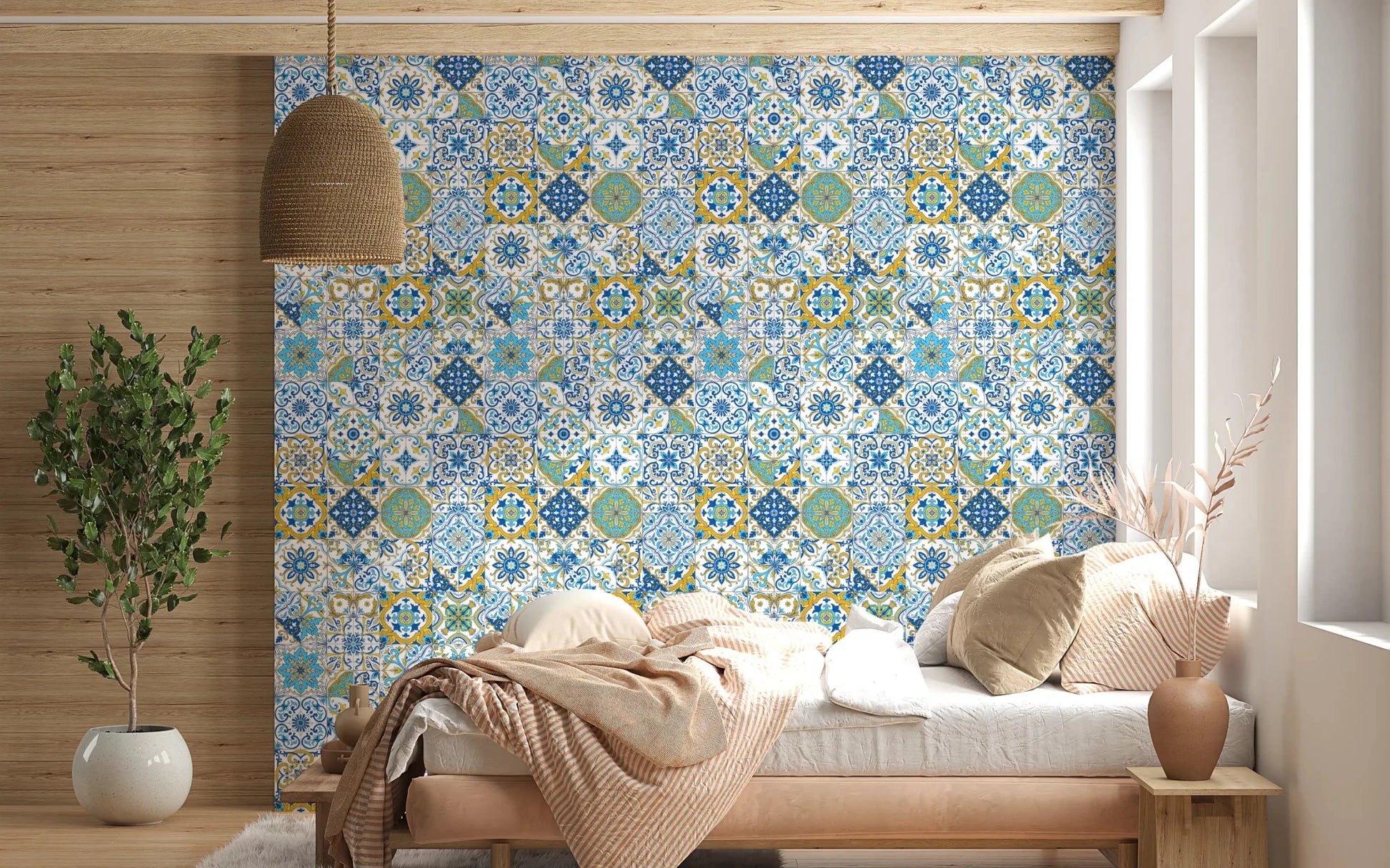 Floral and geometric motifs appear across Mediterranean Hues Azulejo Tiles wallpaper, GD9236