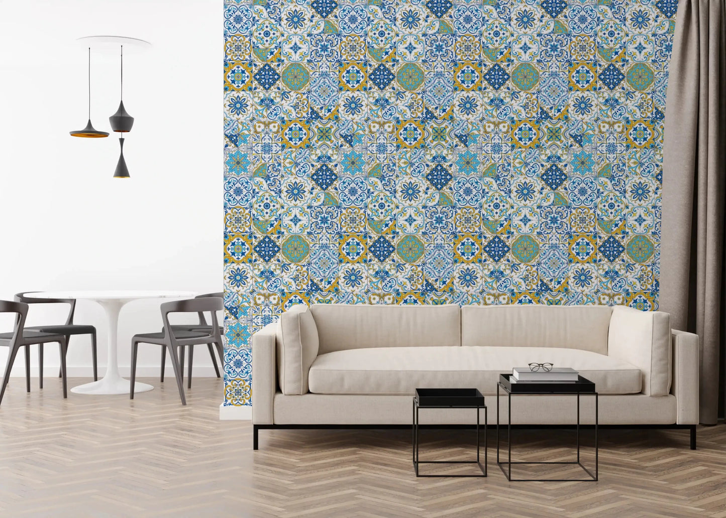 Balanced grid composition with blue ceramic motifs in Azulejo Tiles wallpaper, GD9236