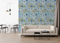 Balanced grid composition with blue ceramic motifs in Azulejo Tiles wallpaper, GD9236