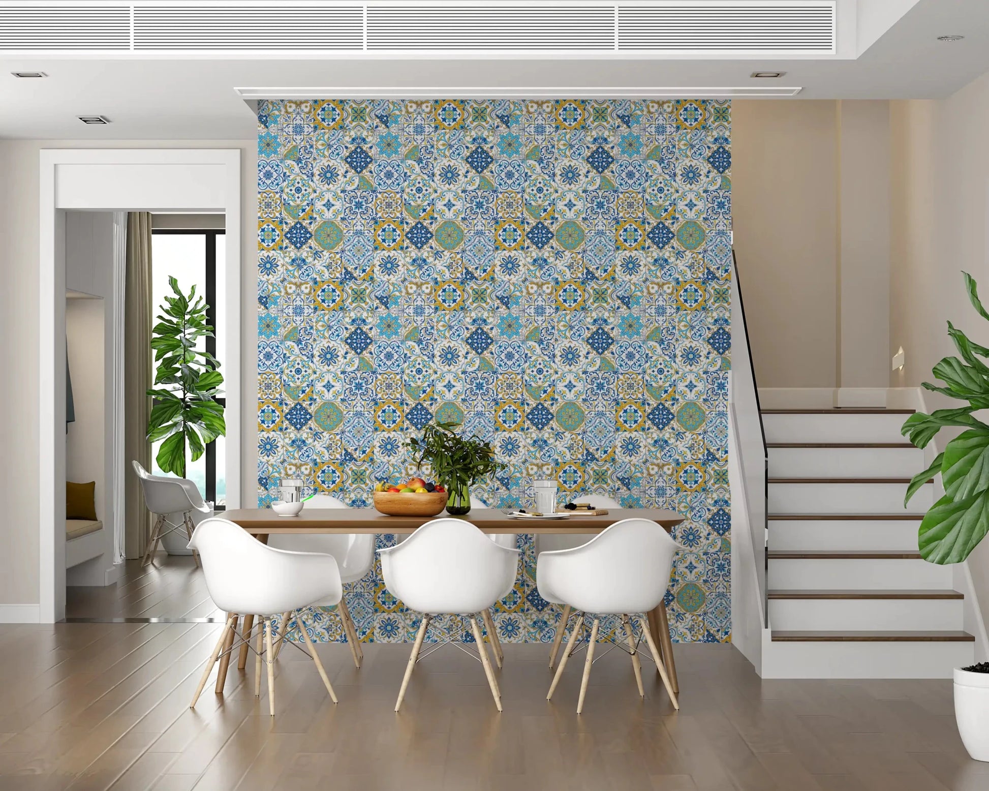 Dining area styled with classic Azulejo Tiles wallpaper and ornate blue accents, GD9236
