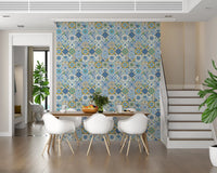 Dining area styled with classic Azulejo Tiles wallpaper and ornate blue accents, GD9236