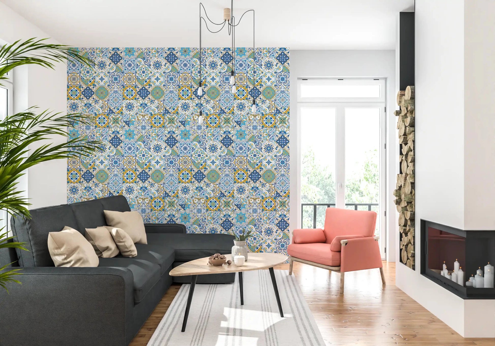 Living room space with blue tile patterns in Mediterranean Hues Azulejo Tiles wallpaper, GD9236