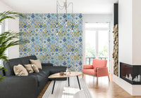 Living room space with blue tile patterns in Mediterranean Hues Azulejo Tiles wallpaper, GD9236