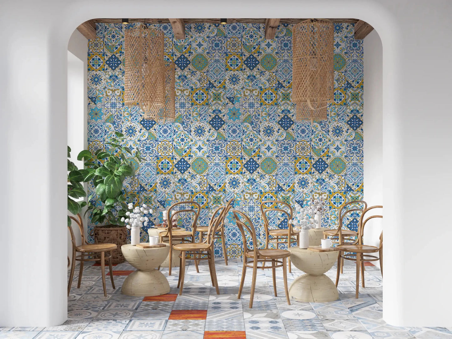 Repeating tile arrangement in blue tones highlights Azulejo Tiles wallpaper style, GD9236
