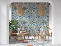 Repeating tile arrangement in blue tones highlights Azulejo Tiles wallpaper style, GD9236