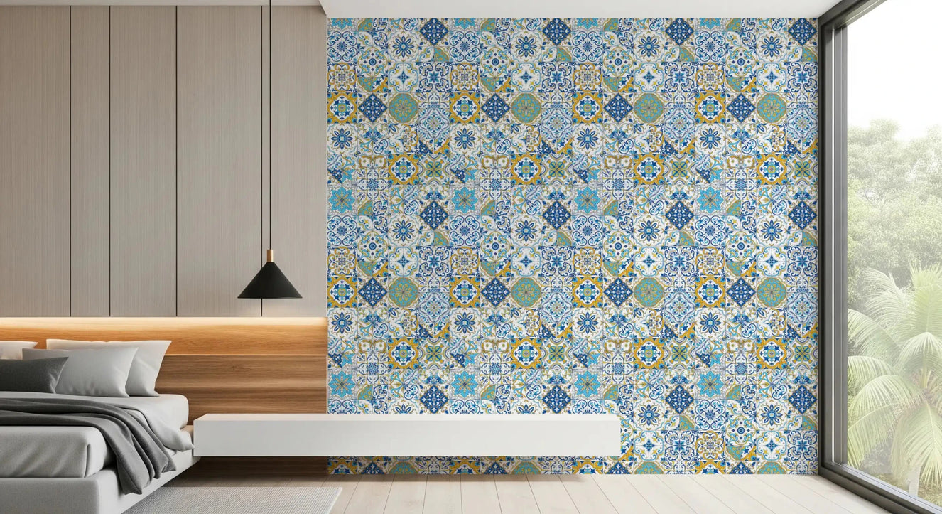 Bedroom setting showing decorative Azulejo Tiles wallpaper in blue and yellow tones