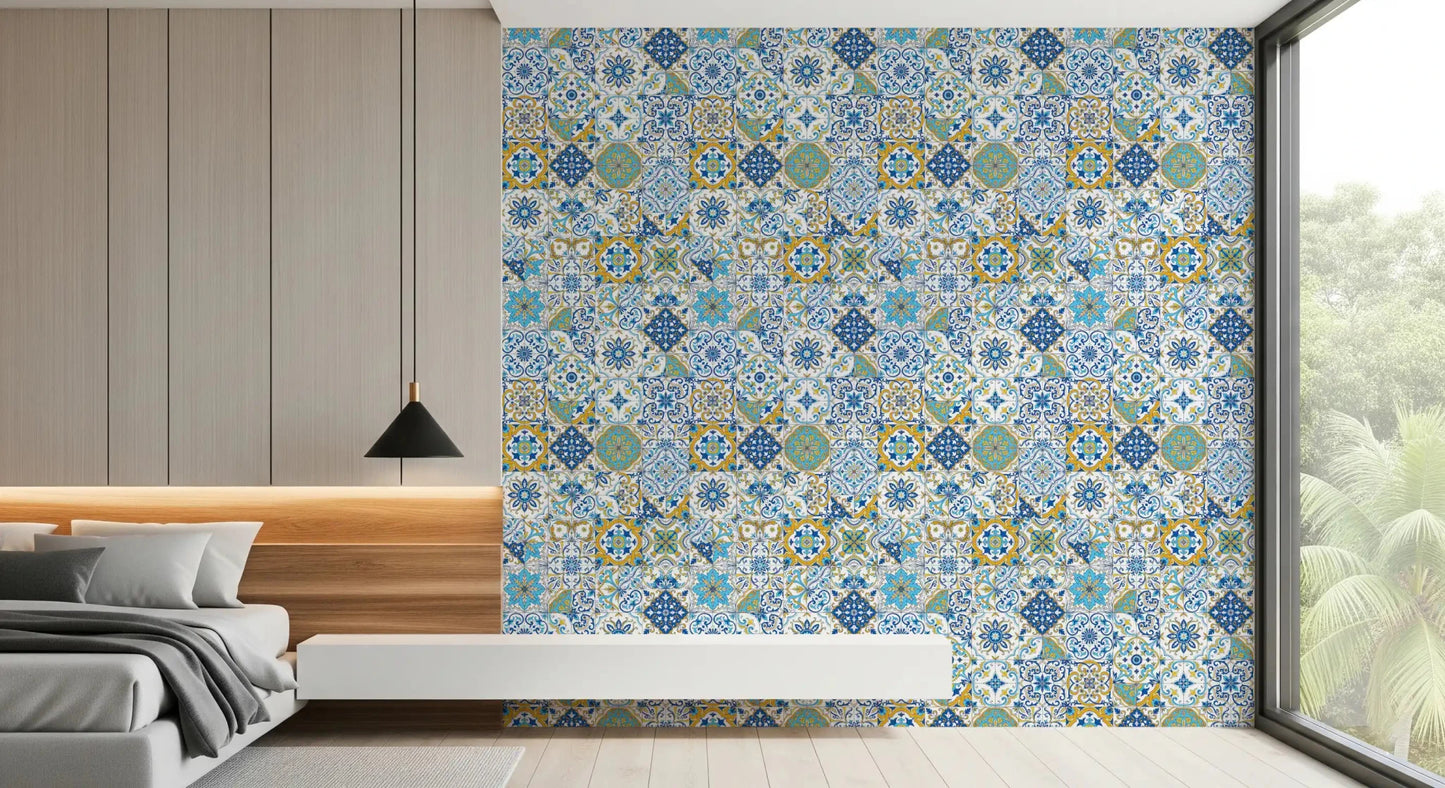 Bedroom setting showing decorative Azulejo Tiles wallpaper in blue and yellow tones, GD9236