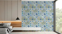 Bedroom setting showing decorative Azulejo Tiles wallpaper in blue and yellow tones, GD9236