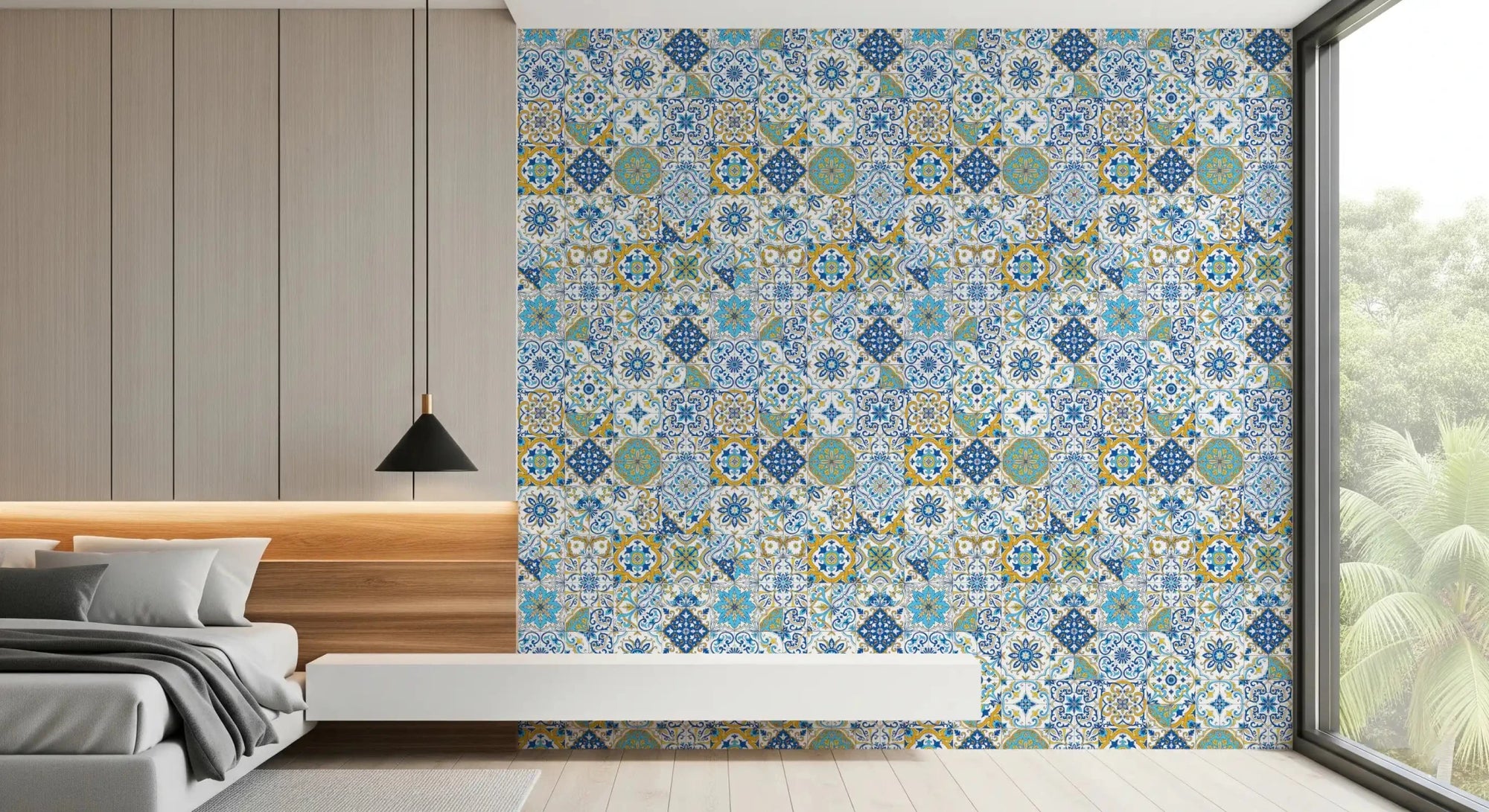 Bedroom setting showing decorative Azulejo Tiles wallpaper in blue and yellow tones, GD9236