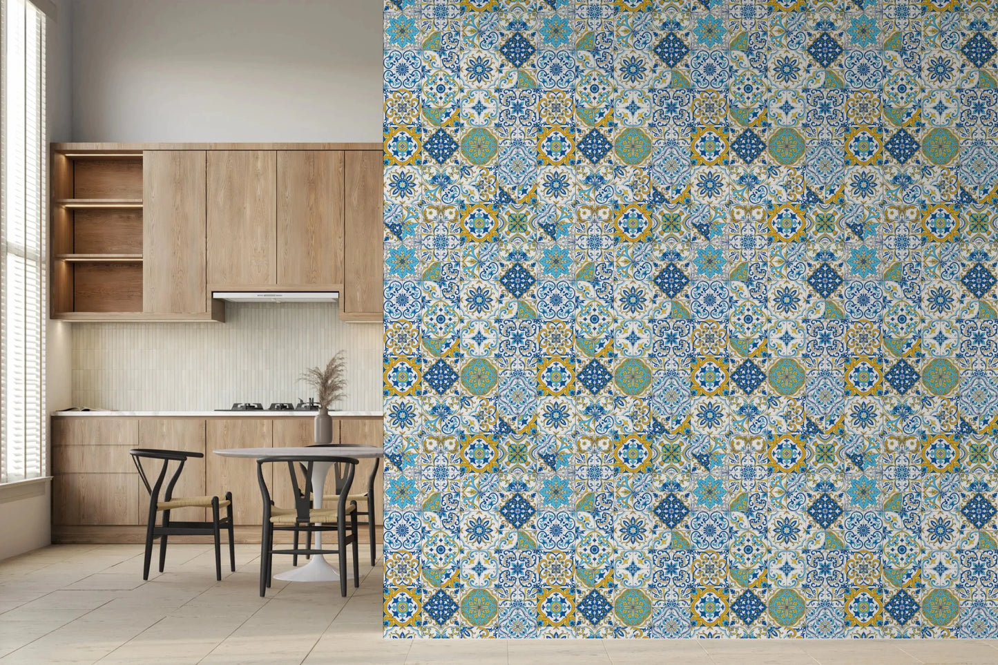 Traditional ceramic-inspired detailing seen in Mediterranean Hues Azulejo wallpaper, GD9236