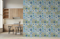 Traditional ceramic-inspired detailing seen in Mediterranean Hues Azulejo wallpaper, GD9236