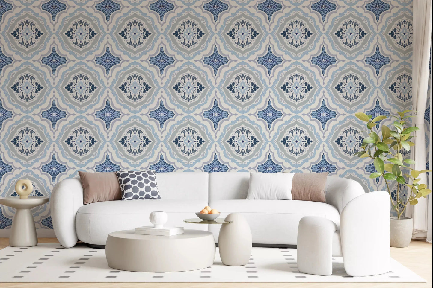 White sofa setting finished with Mediterranean Indigo Fleur Tile Wallpaper