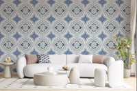 White sofa setting finished with Mediterranean Indigo Fleur Tile Wallpaper