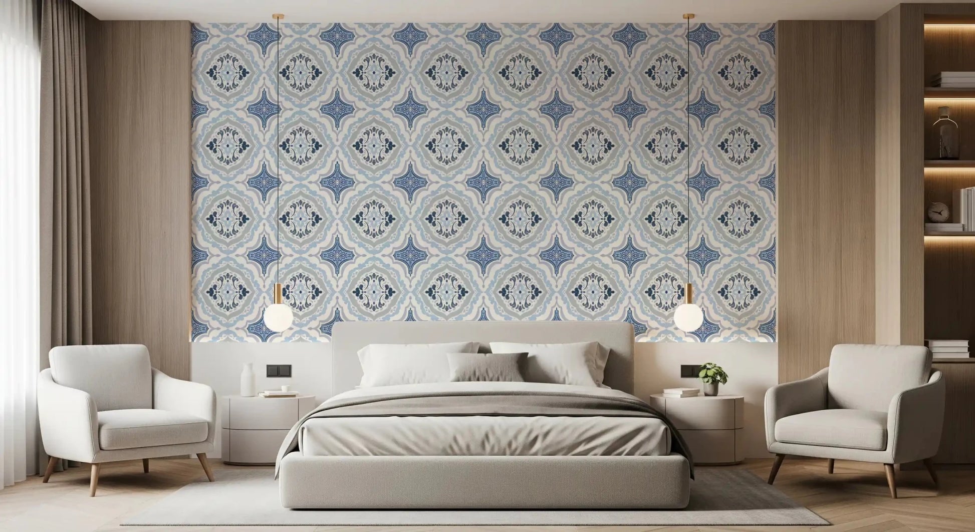 Mediterranean Indigo Fleur Tile Wallpaper behind a low bed in a calm bedroom