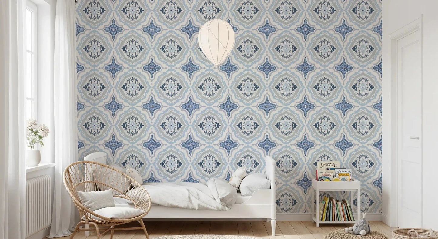 Kids bedroom with Mediterranean Indigo Fleur Tile Wallpaper and pendant light