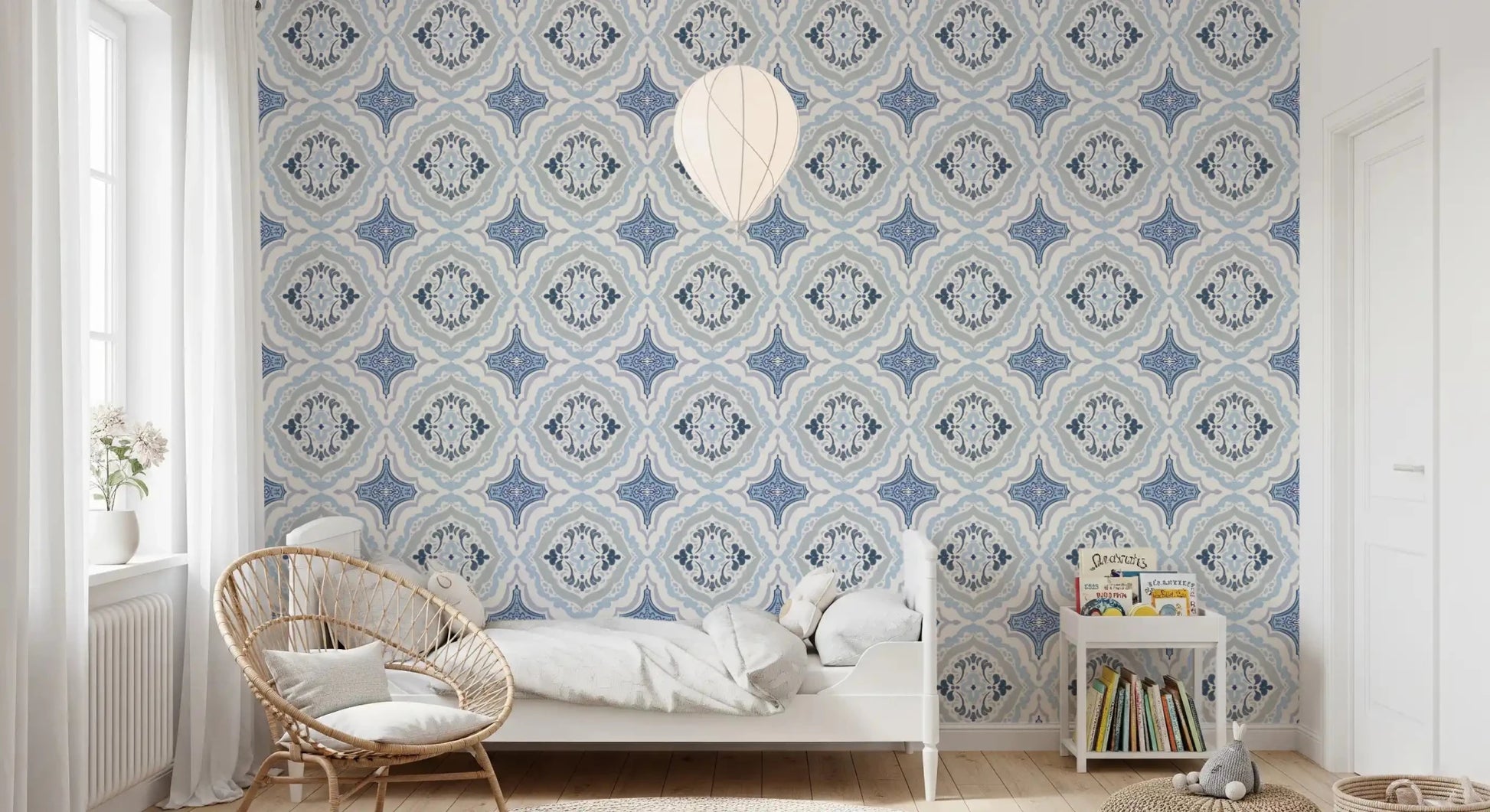 Kids bedroom with Mediterranean Indigo Fleur Tile Wallpaper and pendant light
