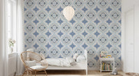 Kids bedroom with Mediterranean Indigo Fleur Tile Wallpaper and pendant light