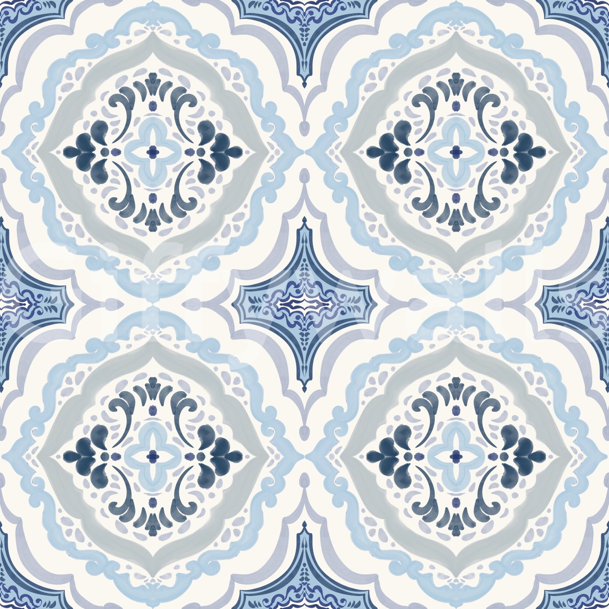 Ornate symmetry and pale blue detailing define Mediterranean Indigo Fleur Tile Wallpaper