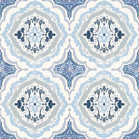 Ornate symmetry and pale blue detailing define Mediterranean Indigo Fleur Tile Wallpaper