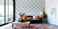Mediterranean Indigo Fleur Tile Wallpaper in a Living room   