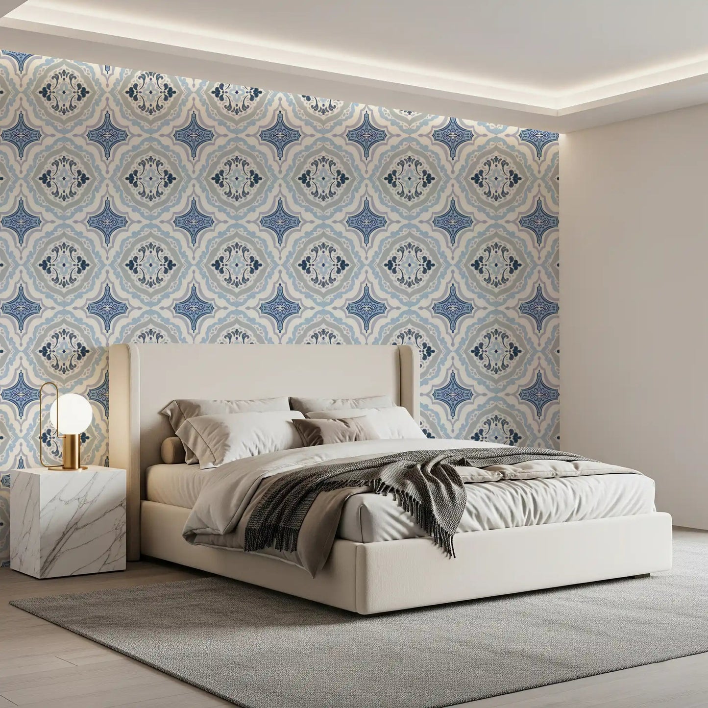 Warm bedroom with Mediterranean Indigo Fleur Tile Wallpaper and cushioned headboard