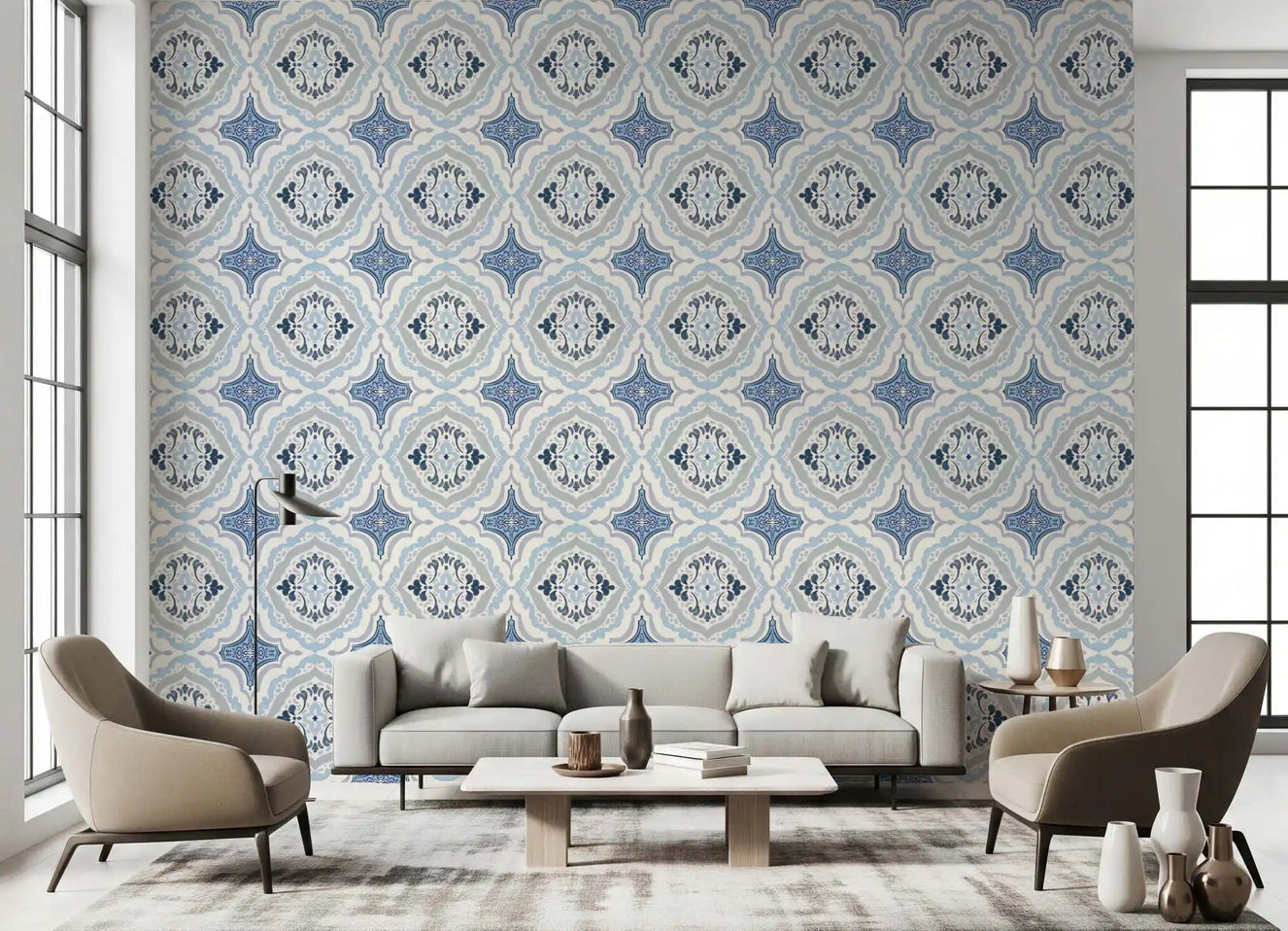Mediterranean Indigo Fleur Tile Wallpaper in a muted lounge with armchairs and sofa