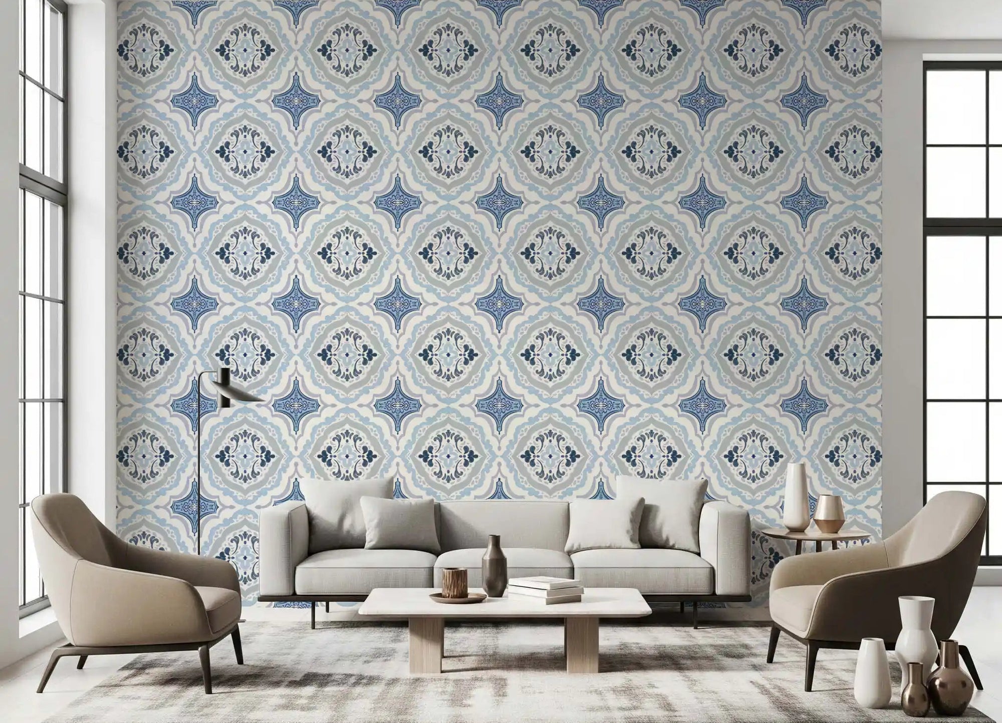 Mediterranean Indigo Fleur Tile Wallpaper in a muted lounge with armchairs and sofa, GD8905