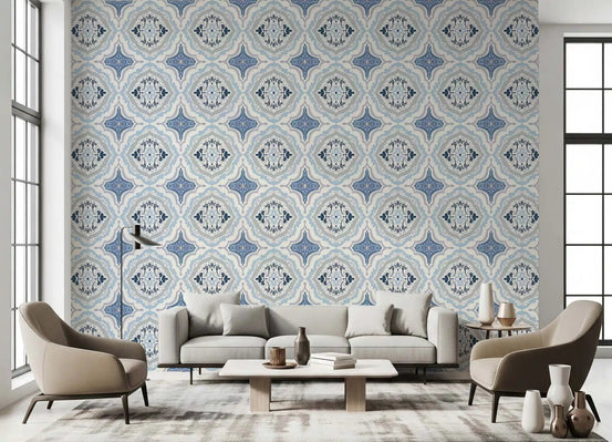 Mediterranean Indigo Fleur Tile Wallpaper in a muted lounge with armchairs and sofa, GD8905