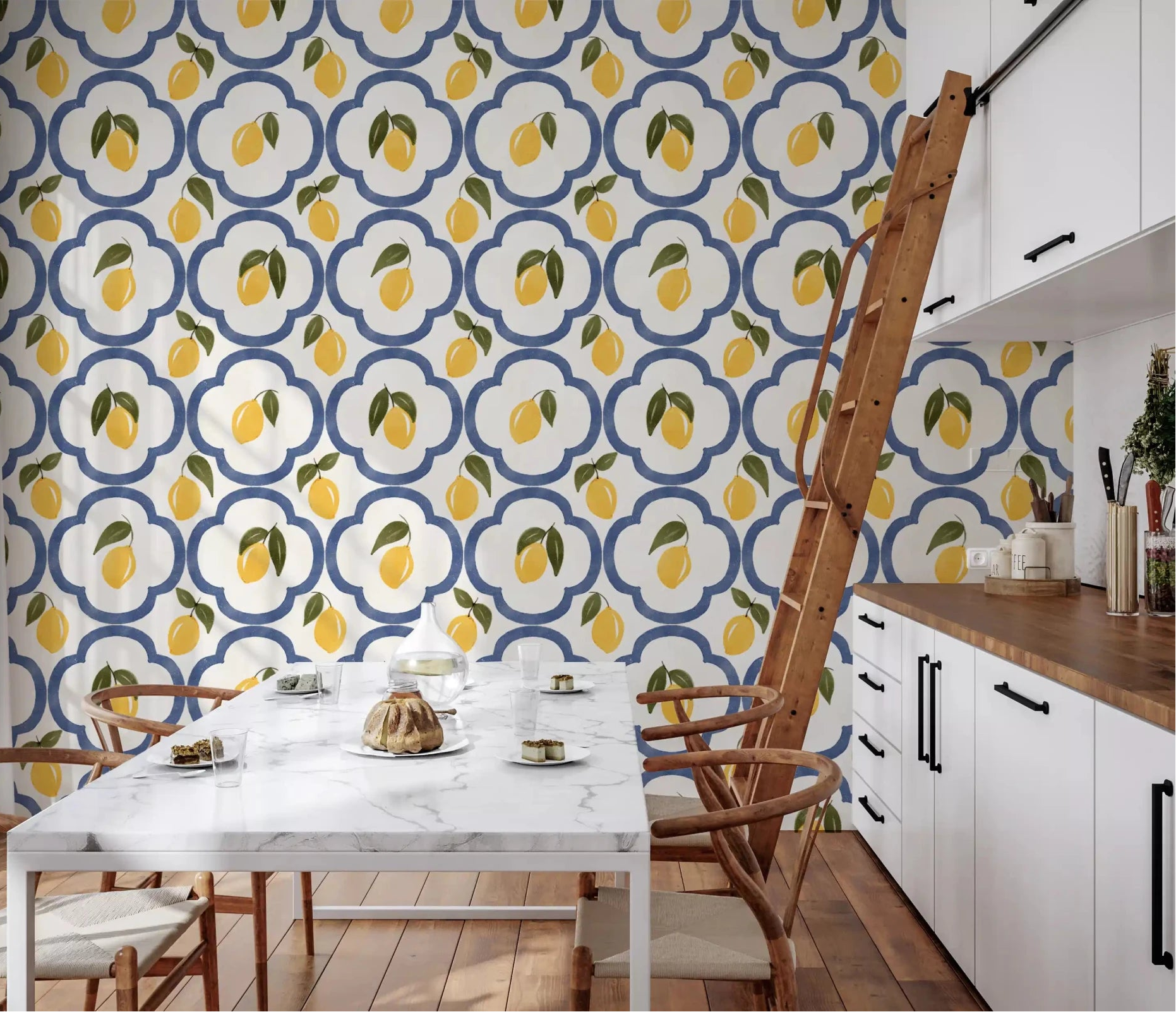 Kitchen area with Mediterranean Leomons wallpaper above the counterGD9141