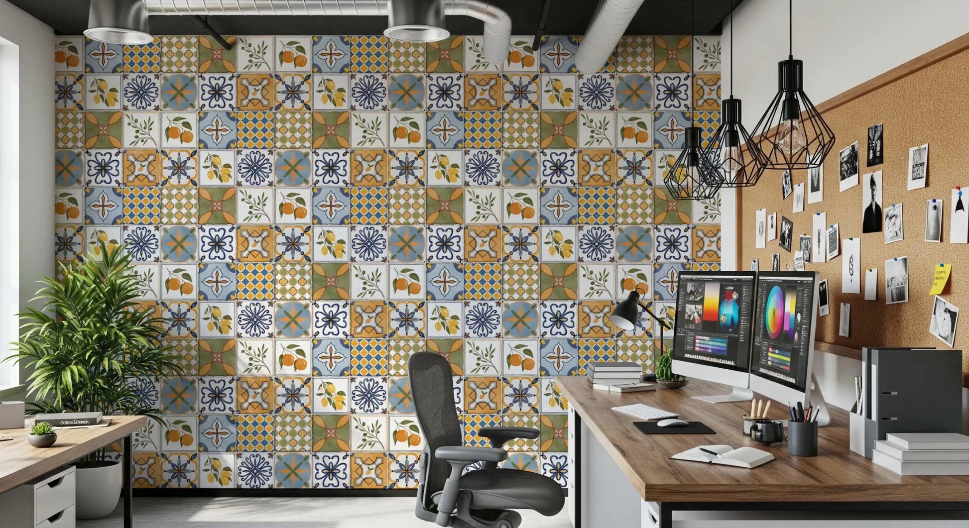 Office area Mediterranean Tiles wallpaper with lemons, oranges, and floral squares, GD9113
