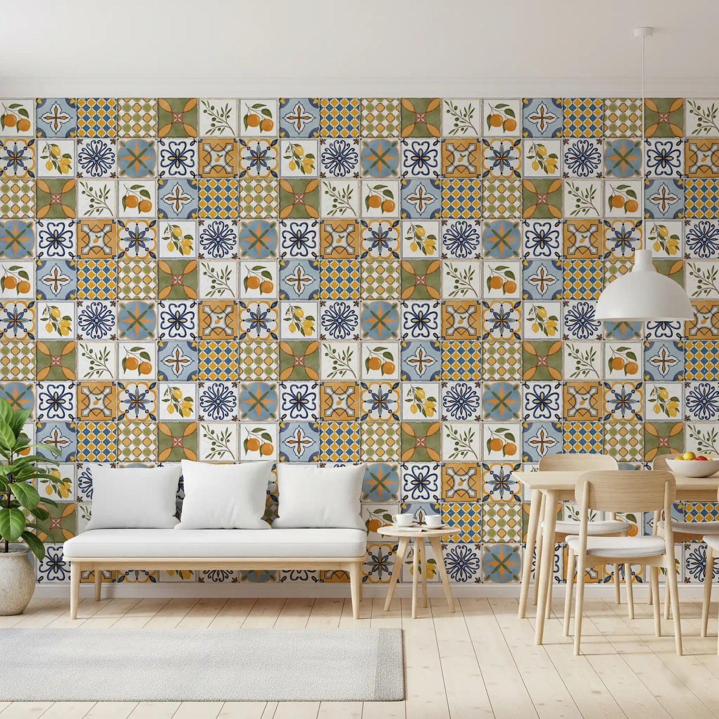 Dining area Mediterranean Majolica Tiles wallpaper with patterned ceramic-look blocks, GD9113