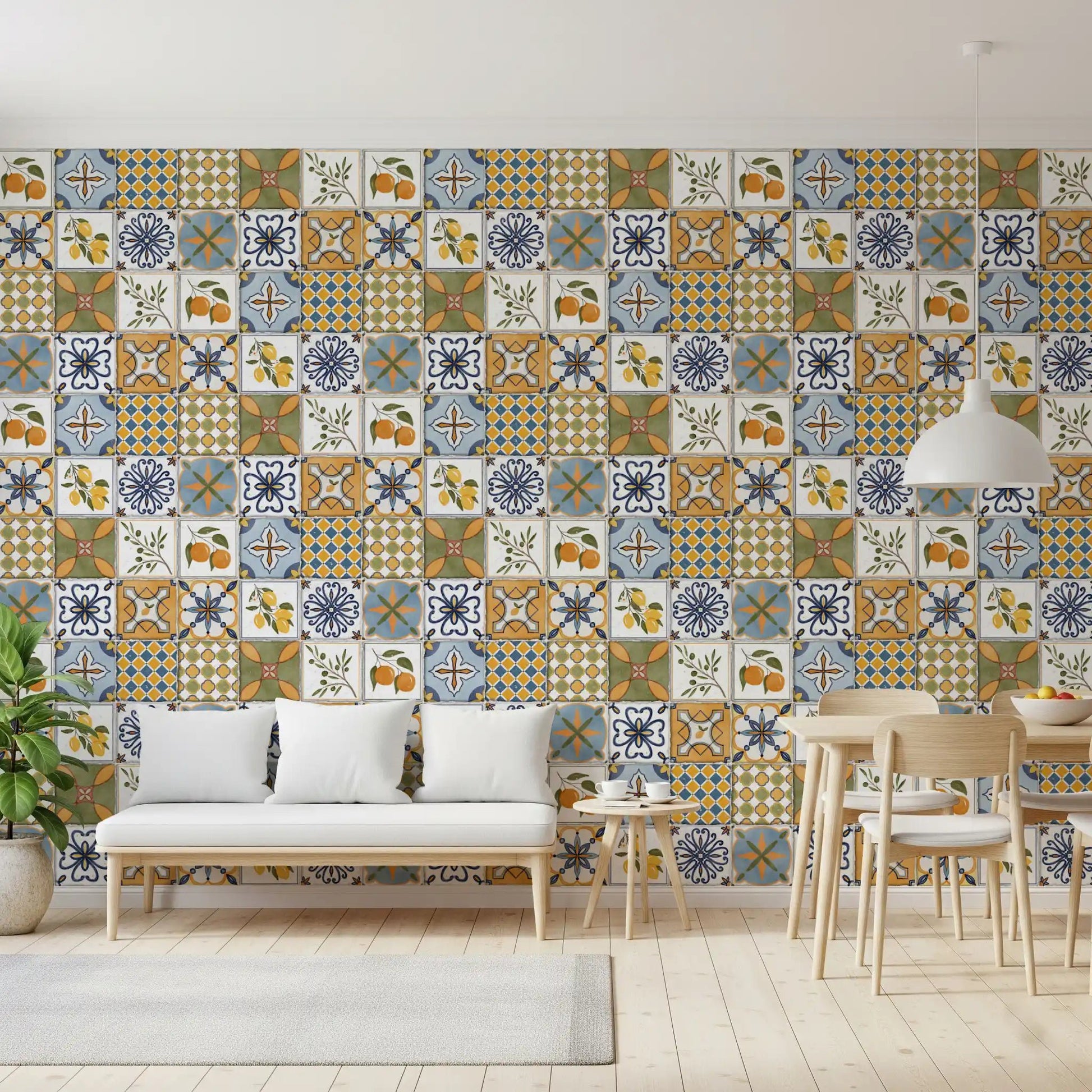 Dining area Mediterranean Majolica Tiles wallpaper with patterned ceramic-look blocks, GD9113