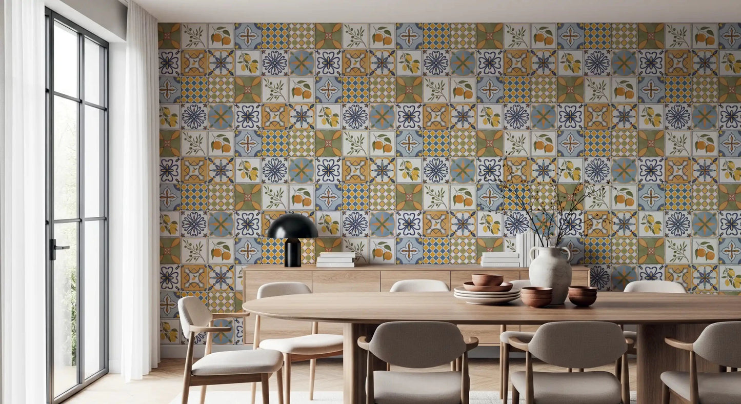 Dining room Majolica Tiles wallpaper in blue geometric and citrus tile styling, GD9113