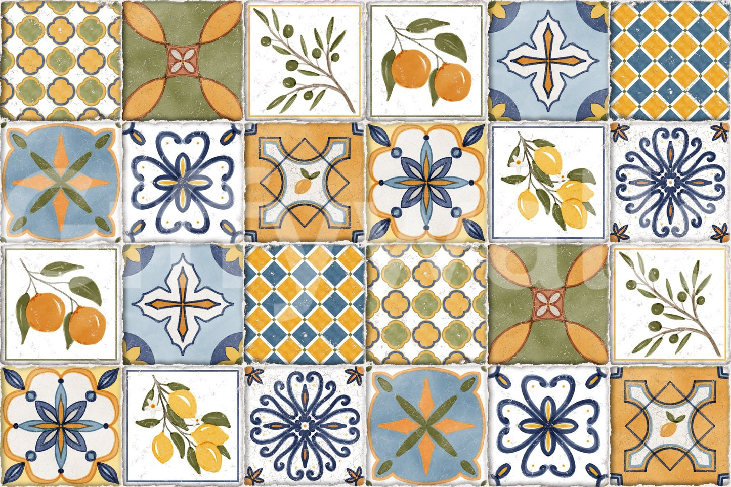 Tiles Wallpaper with ceramic-inspired motifs and colorful patchwork design, GD9113