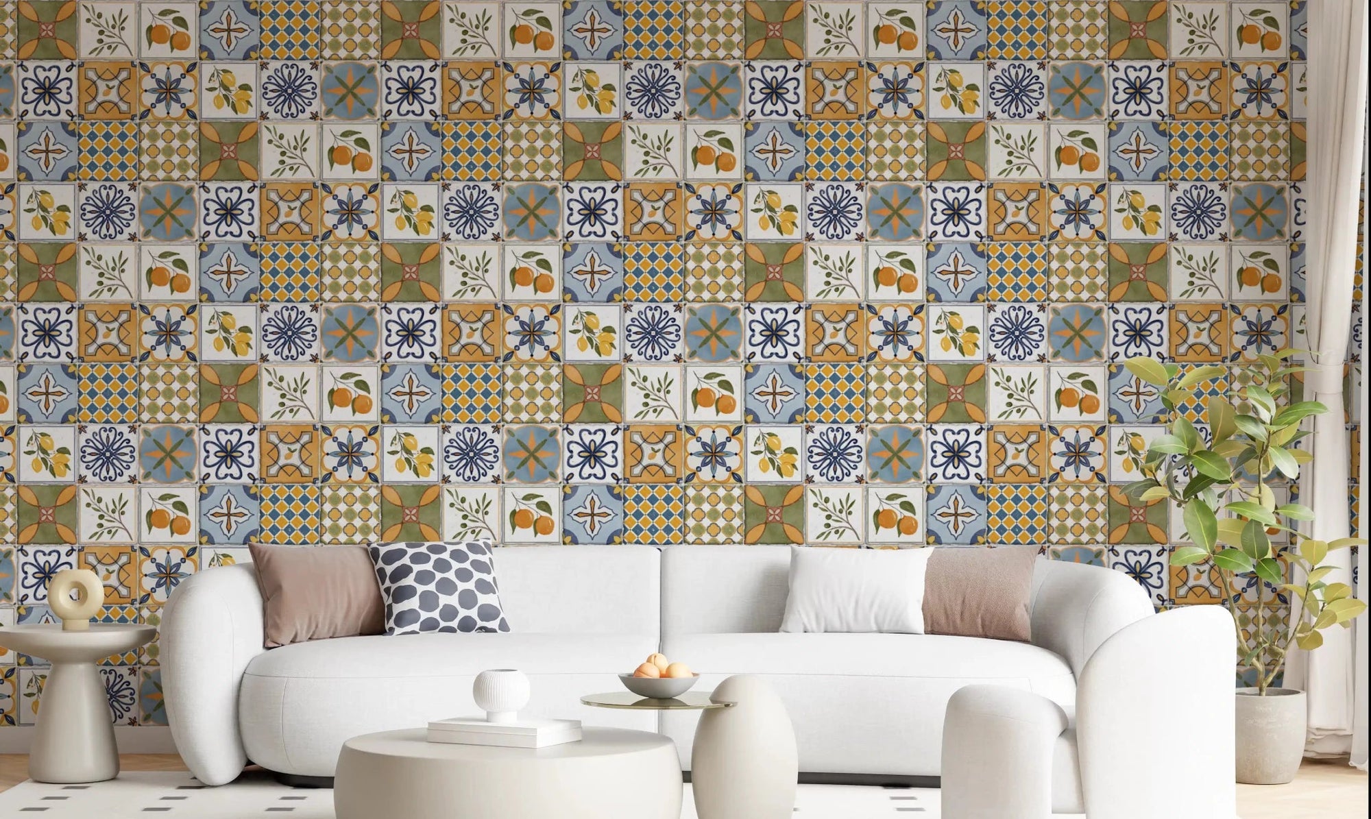 Living room Mediterranean Majolica wallpaper with blue tile motifs and citrus detail, GD9113