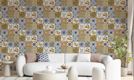 Living room Mediterranean Majolica wallpaper with blue tile motifs and citrus detail