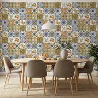 Mediterranean Tiles wallpaper with citrus artwork and diamond pattern blocks, GD9113