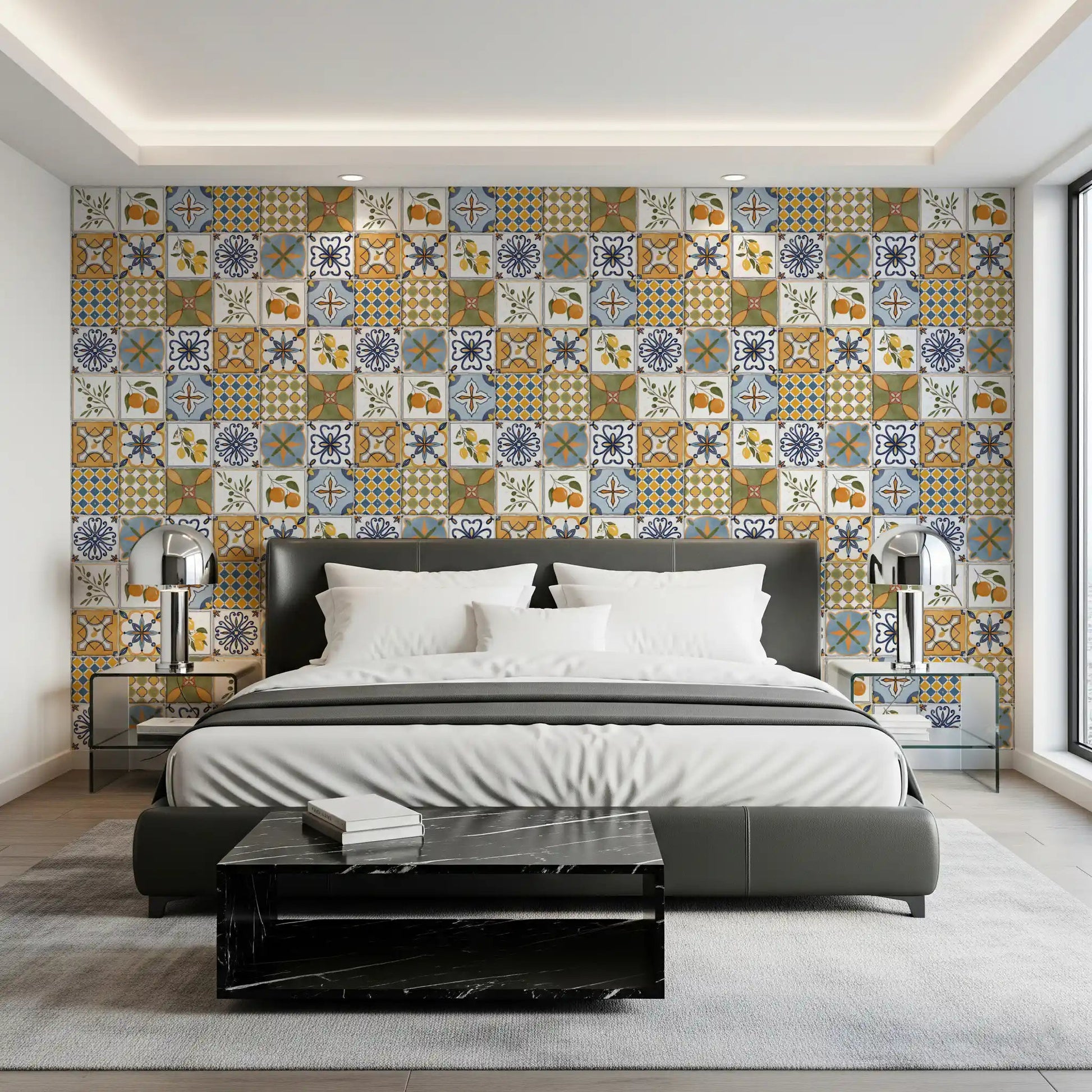 Bedroom Majolica Tiles Wallpaper in olive, yellow, and white patchwork pattern, GD9113