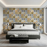 Bedroom Majolica Tiles Wallpaper in olive, yellow, and white patchwork pattern, GD9113